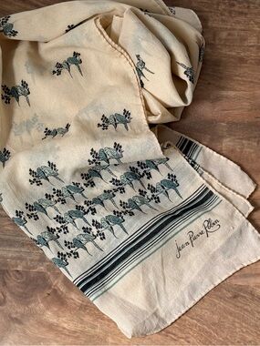Vintage Jean Pierre Robin Blue Birds Graphic Rectangle Cream Scarf Boho Mod